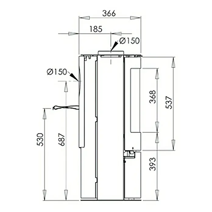 Aduro Kaminofen 15 - 6,5 kW, Raumheizvermögen: 350 m³, Material Verkleidung: Stahl, Schwarz - Technische Zeichnung eines Ofens mit Maßangaben zu Höhe, Breite und Durchmesser. Gut geeignet für Bau- oder Reparaturprojekte.