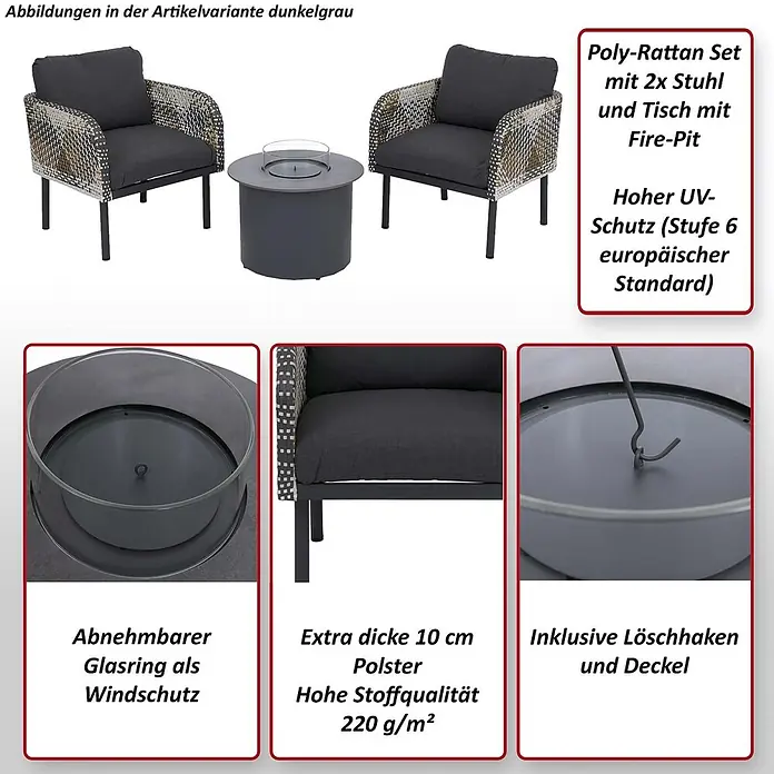 Mendler Loungemöbel-Set HWC-P80 - 3 -tlg., Rattan, Creme-beige, Creme-beige - Dunkelgraues Poly-Rattan-Gartenset: 2 Stühle mit dicken Polstern und Feuerstellentisch mit Glas-Windschutz.