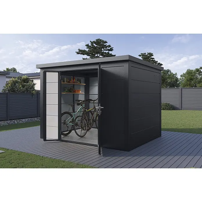 Wolff Finnhaus Gartenhaus Ulrik Prime Line - Außenmaß inkl. Dachüberstand (B x T): 300 x 247 cm, Metall, Anthrazit - Dunkelgrauer Metall-Gartenschuppen mit geöffneten Türen, zeigt zwei Fahrräder und Regale, auf einer Terrasse im Garten.