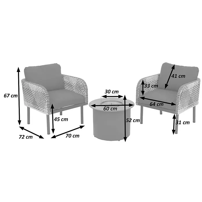 Mendler Loungemöbel-Set HWC-P80 - 3 -tlg., Rattan, Creme-beige, Creme-beige - Graues Rattan-Gartenmöbelset: zwei Sessel mit Kissen und ein runder Tisch, mit Maßen.