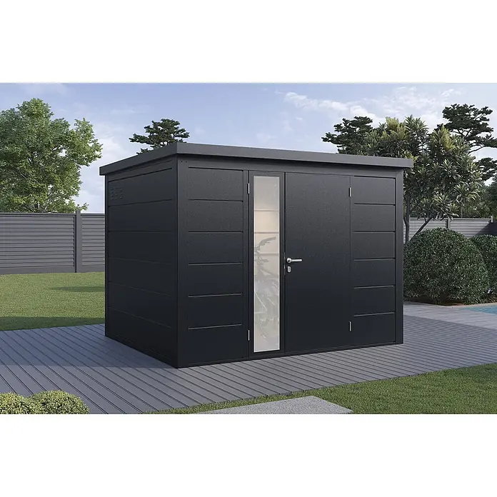 Wolff Finnhaus Gartenhaus Ulrik Prime Line - Außenmaß inkl. Dachüberstand (B x T): 300 x 247 cm, Metall, Anthrazit - Anthrazitfarbenes Metall-Gartenhaus mit transparenter Platte auf einer Terrasse im Garten, ideal zur Fahrradaufbewahrung.