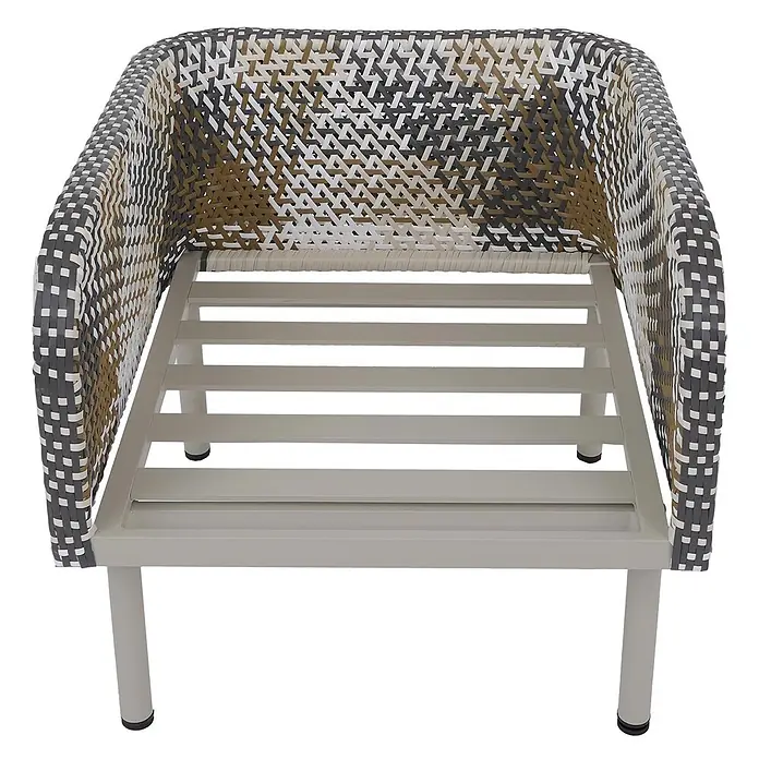 Mendler Loungemöbel-Set HWC-P80 - 3 -tlg., Rattan, Creme-beige, Creme-beige - Geflochtenes Outdoor-Sesselgestell mit Rückenlehne und Armlehnen aus weißem, grauem und braunem Kunstfasergeflecht, auf hellgrauem Metallrahmen.