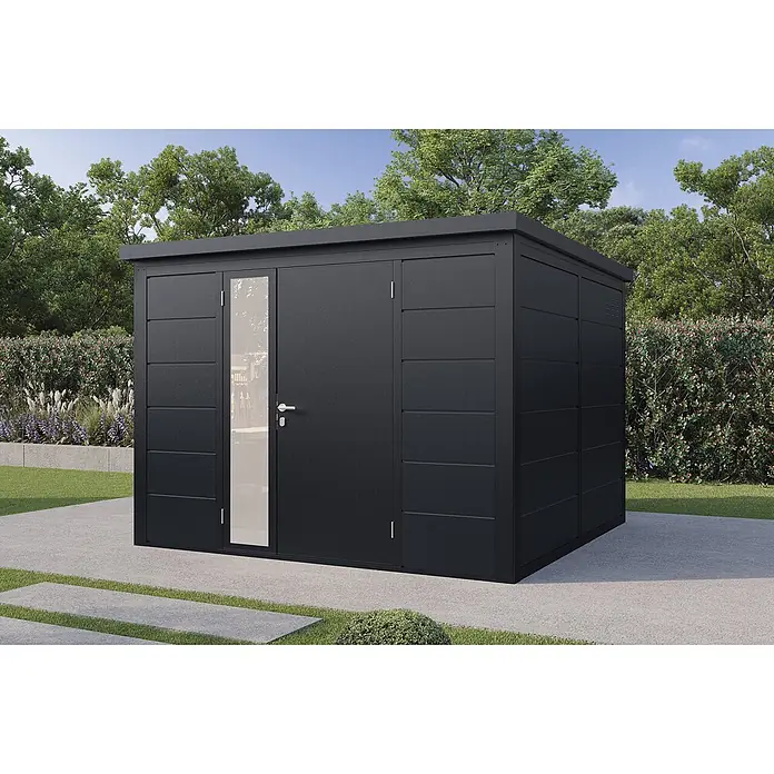 Wolff Finnhaus Gartenhaus Ulrik Prime Line - Außenmaß inkl. Dachüberstand (B x T): 300 x 300 cm, Metall, Anthrazit - Modernes dunkelgraues Flachdach-Gartenhaus mit Glastür, auf einer Gartenterrasse.