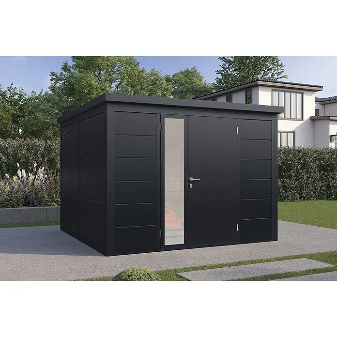 Wolff Finnhaus Gartenhaus Ulrik Prime Line - Außenmaß inkl. Dachüberstand (B x T): 300 x 300 cm, Metall, Anthrazit - Dunkelgrauer Metall-Gartenschuppen mit Flachdach und integriertem Glaspaneel in der Tür.