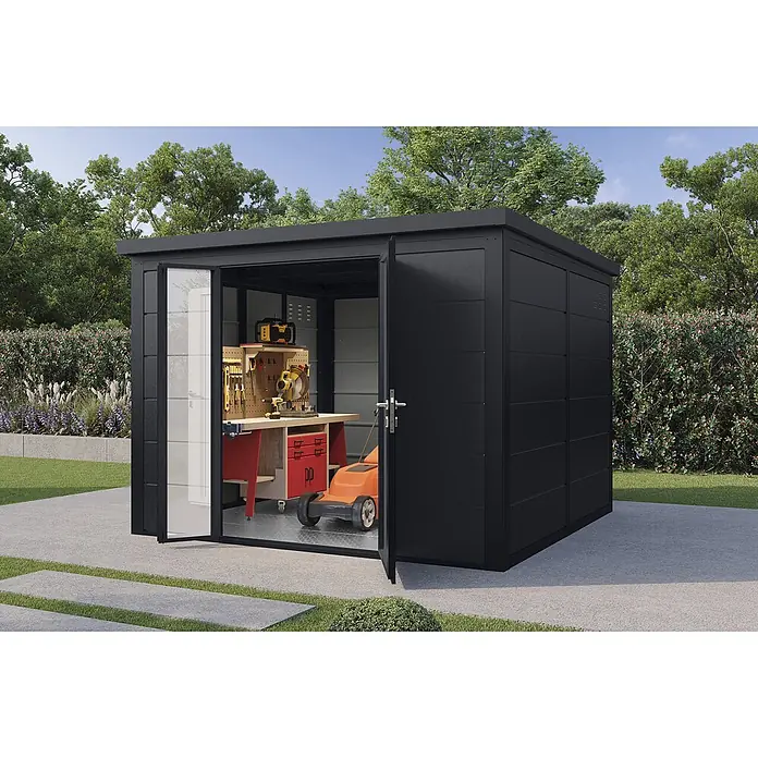 Wolff Finnhaus Gartenhaus Ulrik Prime Line - Außenmaß inkl. Dachüberstand (B x T): 300 x 300 cm, Metall, Anthrazit - Geräumiger schwarzer Gartenhaus mit Doppeltüren, innen mit Werkbank und Werkzeugen für Lagerung und Heimwerkerprojekte.
