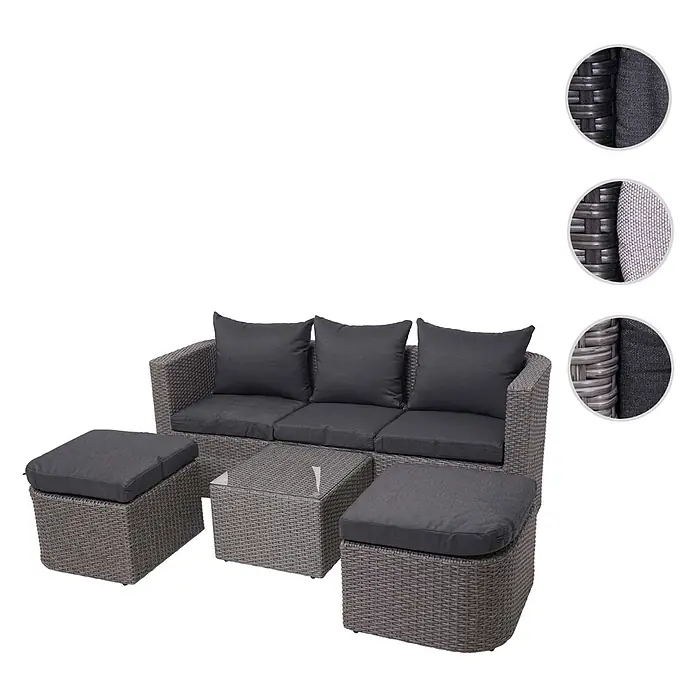 Mendler Loungemöbel-Set HWC-J37 - 4 -tlg., Rattan, Grau, Kissen anthrazit, Grau - Graues Rattan-Gartenmöbelset mit 3-Sitzer-Sofa, zwei Hockern und Glastisch, alle mit dunkelgrauen Kissen.