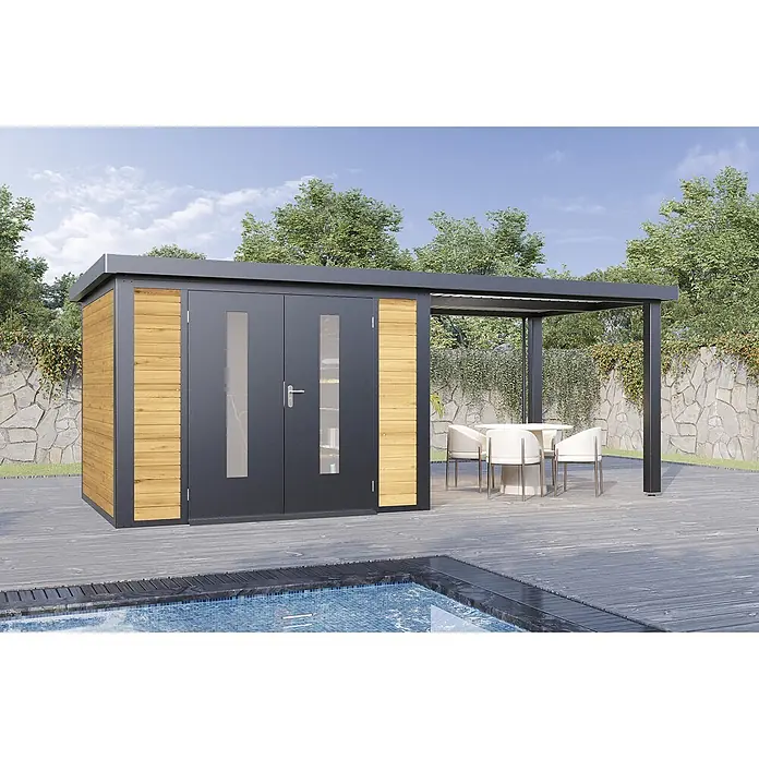 Wolff Finnhaus Gartenhaus Alvar Master Line - Außenmaß inkl. Dachüberstand (B x T): 610 x 272 cm, Holz, Kiefer - Moderner dunkelgrauer Geräteschuppen mit Holzpaneelen und Glastüren, integriert mit passender Pergola über Essbereich am Pool.
