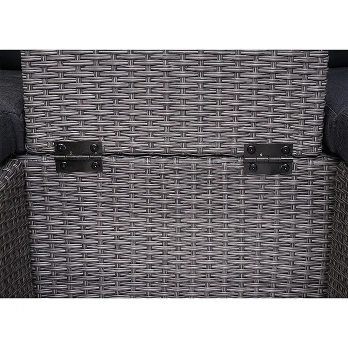 Mendler Loungemöbel-Set HWC-J37 - 4 -tlg., Rattan, Grau, Kissen anthrazit, Grau - Grau geflochtene Rattanmöbel mit Klappdeckel und zwei schwarzen Metallscharnieren.