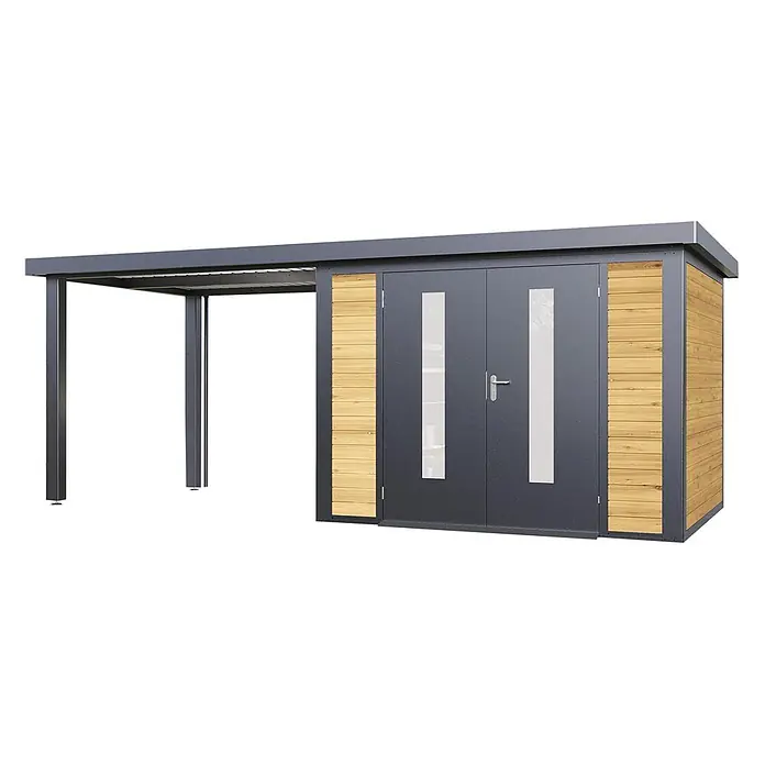 Wolff Finnhaus Gartenhaus Alvar Master Line - Außenmaß inkl. Dachüberstand (B x T): 610 x 272 cm, Holz, Kiefer - Modernes Gartenhaus aus dunkelgrauem Metall mit Holzseiten und Glastüren, inklusive integriertem offenem Carport.