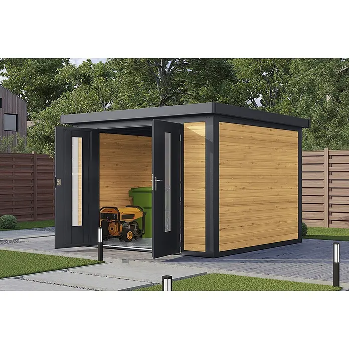 Wolff Finnhaus Gartenhaus Henrik Master Line - Außenmaß inkl. Dachüberstand (B x T): 324 x 332 cm, Holz, Kiefer - Gartenschuppen mit dunklem Rahmen, Holzpaneelen und Glastüren, Generator im Inneren.