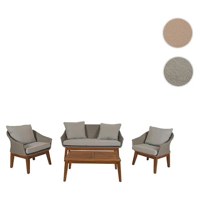 Mendler Loungemöbel-Set HWC-N37 - 4 -tlg., Holz, Grau, Kissen hellgrau, Grau - Outdoor-Sitzgruppe: zwei graue Flechtsessel, ein passendes Zweisitzer-Sofa und ein Couchtisch aus Holz mit hellgrauen Kissen.