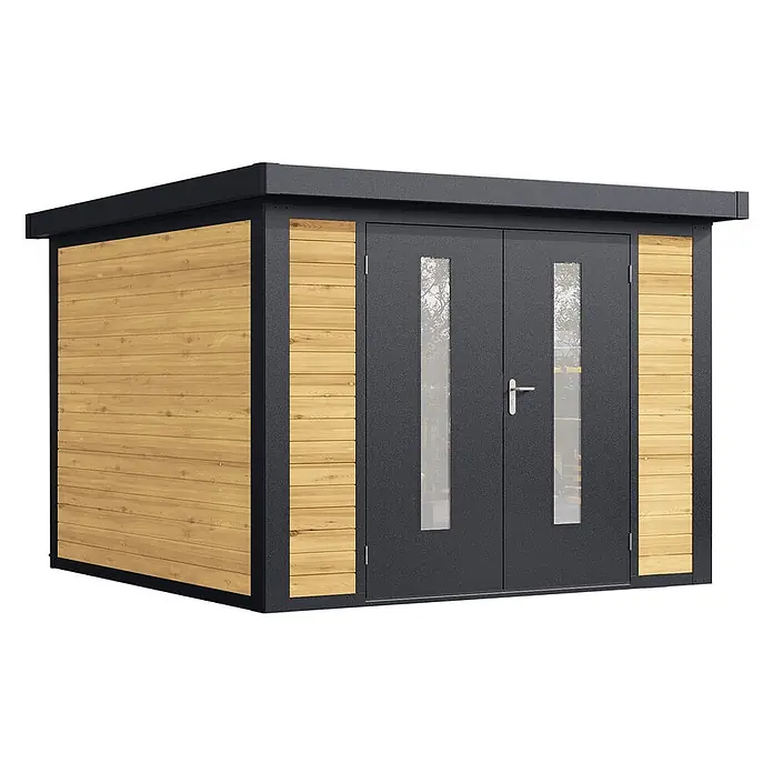 Wolff Finnhaus Gartenhaus Henrik Master Line - Außenmaß inkl. Dachüberstand (B x T): 324 x 332 cm, Holz, Kiefer - Moderner Gartenschuppen mit dunkelgrauem Rahmen, hellbraunen Holzpaneelen und Glastüren.