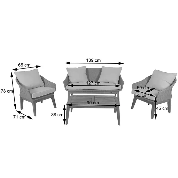 Mendler Loungemöbel-Set HWC-N37 - 4 -tlg., Holz, Grau, Kissen hellgrau, Grau - Graues Polyrattan-Gartenmöbelset mit hellen Kissen: zwei Sessel, ein Zweisitzer-Sofa und ein Couchtisch, mit Maßen.