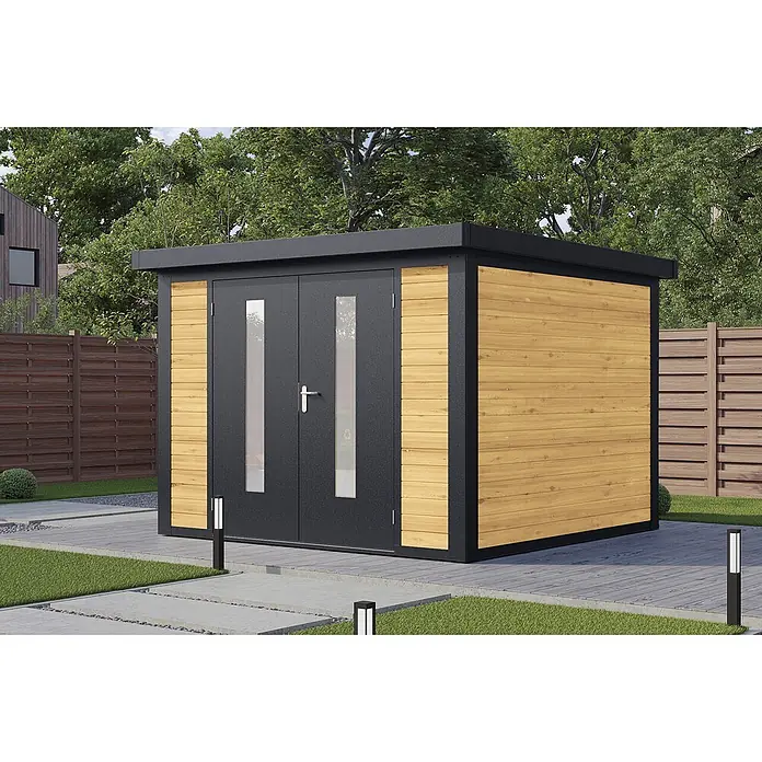 Wolff Finnhaus Gartenhaus Henrik Master Line - Außenmaß inkl. Dachüberstand (B x T): 324 x 332 cm, Holz, Kiefer - Moderner Gartenpavillon mit dunkelgrauen Doppeltüren, vertikalen Fenstern und hellen Holzpaneelen, in einem gepflasterten Gartenbereich.