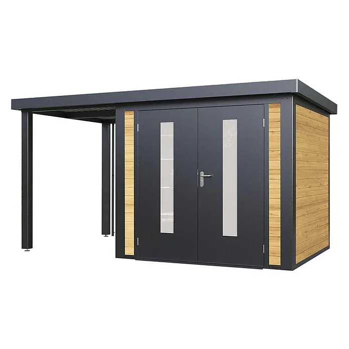 Wolff Finnhaus Gartenhaus Alvar Master Line - Außenmaß inkl. Dachüberstand (B x T): 399 x 272 cm, Holz, Kiefer - Dunkelgraues Gartenhaus mit hellen Holzseitenwänden und integriertem Vordach, Doppeltüren mit Milchglaseinsätzen.