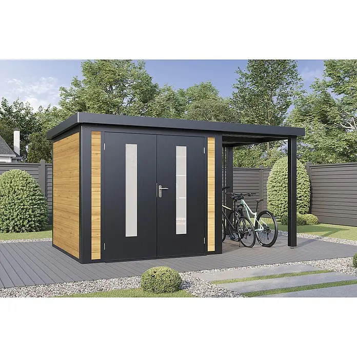 Wolff Finnhaus Gartenhaus Alvar Master Line - Außenmaß inkl. Dachüberstand (B x T): 399 x 272 cm, Holz, Kiefer - Modernes Gartenhaus aus Schwarz und Holz mit Doppeltüren und integriertem Carport, zwei Fahrräder beherbergend, auf einer Terrasse im Garten.