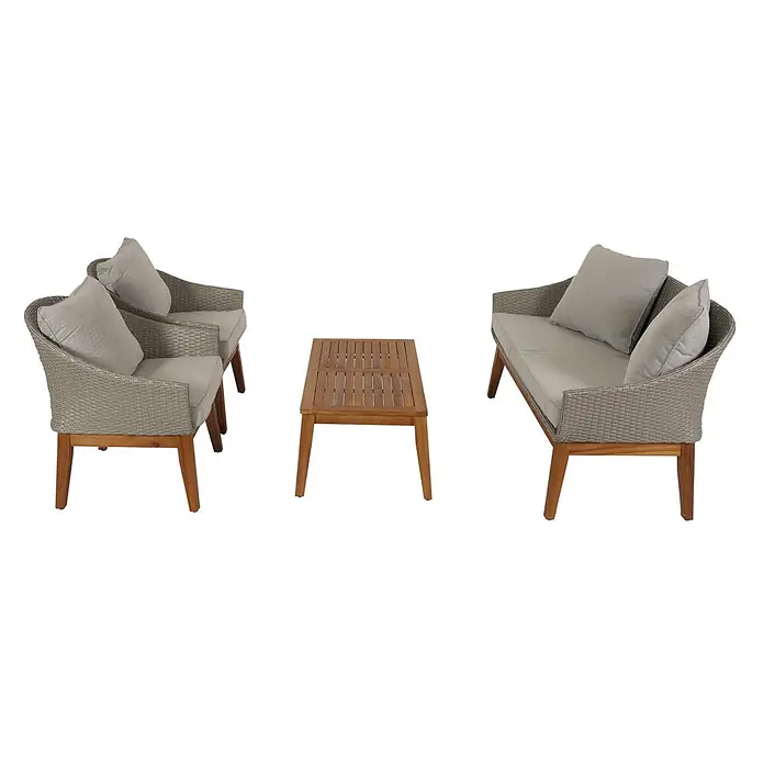 Mendler Loungemöbel-Set HWC-N37 - 4 -tlg., Holz, Grau, Kissen hellgrau, Grau - Outdoor-Sitzgruppe mit zwei grauen Rattansesseln und einem Holz-Kaffeetisch, mit hellgrauen Kissen.