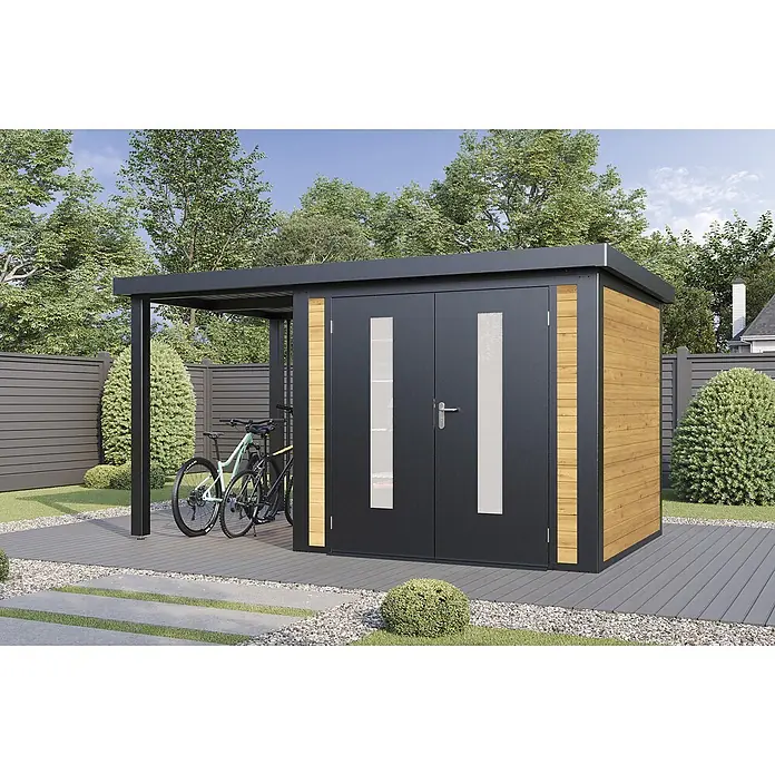 Wolff Finnhaus Gartenhaus Alvar Master Line - Außenmaß inkl. Dachüberstand (B x T): 399 x 272 cm, Holz, Kiefer - Moderner Geräteschuppen mit integriertem Carport, dunkelgraues Metall und helles Holz. Zwei Fahrräder stehen darunter.