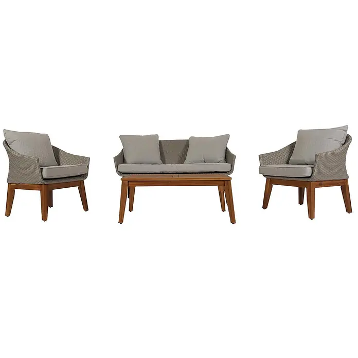 Mendler Loungemöbel-Set HWC-N37 - 4 -tlg., Holz, Grau, Kissen hellgrau, Grau - Eine Outdoor-Lounge-Set mit zwei grauen Rattansesseln, einem passenden Zweisitzer-Sofa und einem Holztisch mit hellgrauen Kissen.