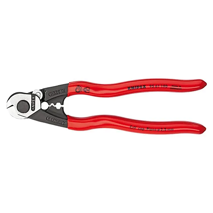 Knipex Drahtseilschere - 19 cm, 64 HRC - Draufsicht auf eine rote Knipex 95 61 190 Kabelschere, die zum Schneiden von Kabeln und Drähten entwickelt wurde.