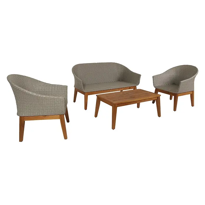 Mendler Loungemöbel-Set HWC-N37 - 4 -tlg., Holz, Grau, Kissen hellgrau, Grau - Outdoor-Lounge-Set mit grauem Flecht-Sofa, zwei Sesseln und einem Holztisch.