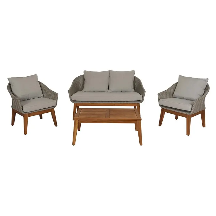 Mendler Loungemöbel-Set HWC-N37 - 4 -tlg., Holz, Grau, Kissen hellgrau, Grau - Gartenmöbel-Set mit zwei geflochtenen Stühlen, einem passenden Zweisitzer und einem Couchtisch aus Holz, alle mit hellgrauen Kissen.