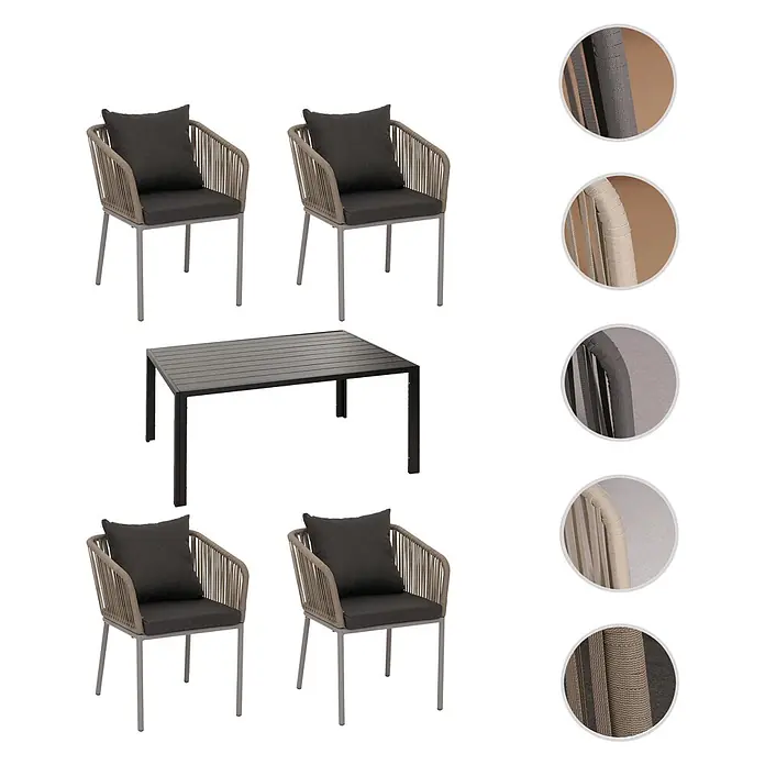 Mendler Gartenmöbel-Set HWC-N41 - 5 -tlg., Metall, Grau, dunkelgrau, Grau, Kissen dunkelgrau - Gartenset mit vier Stühlen mit grauen Kissen und Seilgeflecht sowie einem rechteckigen Tisch mit dunkler Tischplatte.