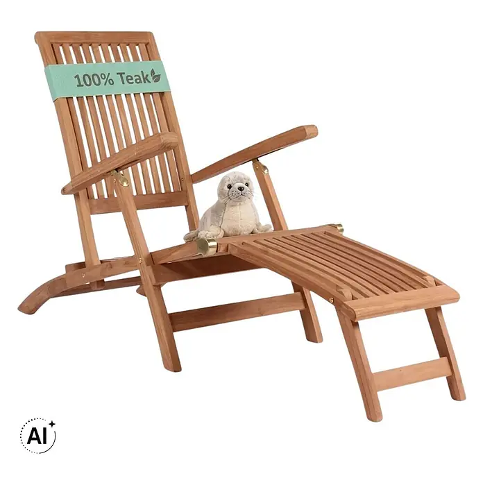 Deckchair Yacht Teak -  - Klappbarer Teakholz-Liegestuhl mit '100% Teak' Band, Lattenrückenlehne und Fußstütze.