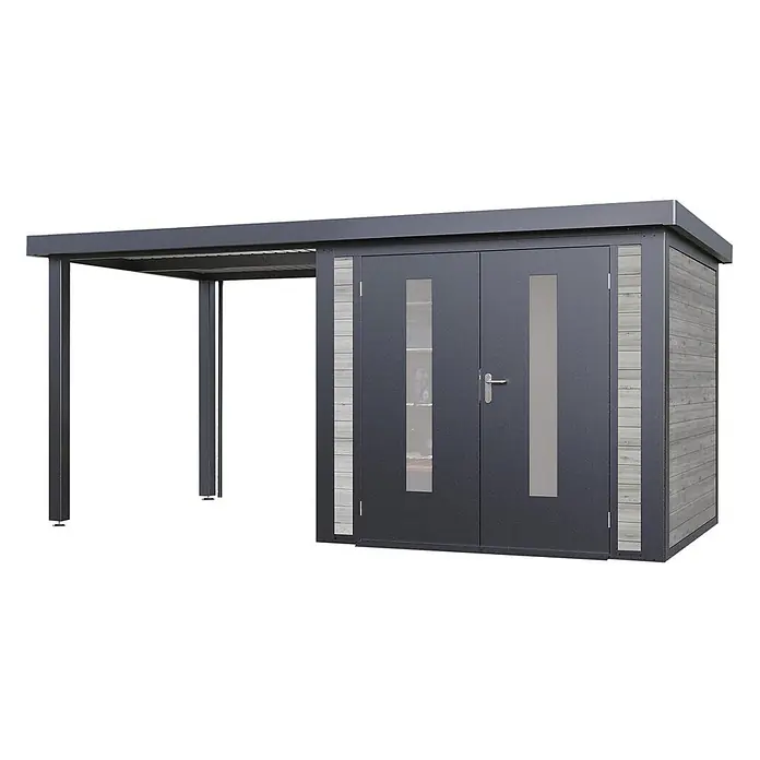 Wolff Finnhaus Gartenhaus Alvar Master Line - Außenmaß inkl. Dachüberstand (B x T): 489 x 272 cm, Holz, Grau - Dunkelgrauer Metallschuppen mit integriertem Carport. Zwei Türen mit Fenstern und hellen Holzoptik-Paneelen.