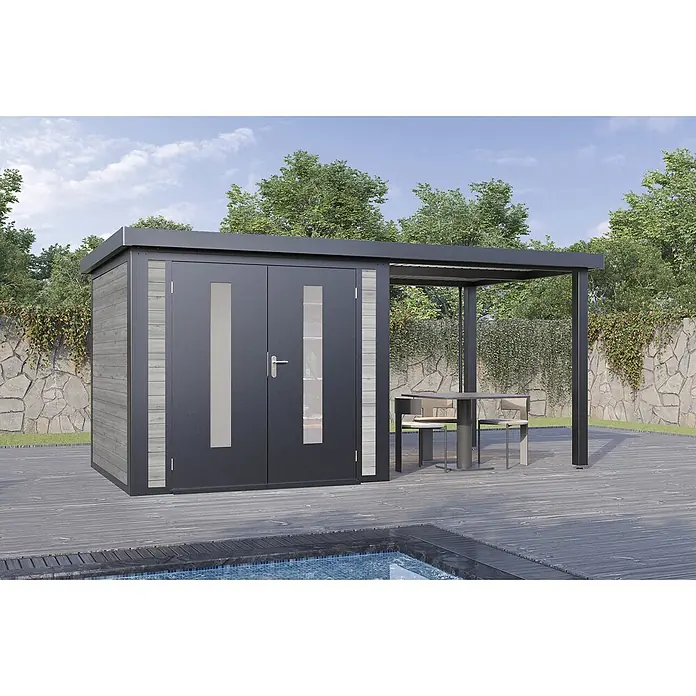 Wolff Finnhaus Gartenhaus Alvar Master Line - Außenmaß inkl. Dachüberstand (B x T): 489 x 272 cm, Holz, Grau - Dunkelgraues Gartenhaus mit Holzverkleidung und integrierter Pergola neben einem Pool auf einer Terrasse.