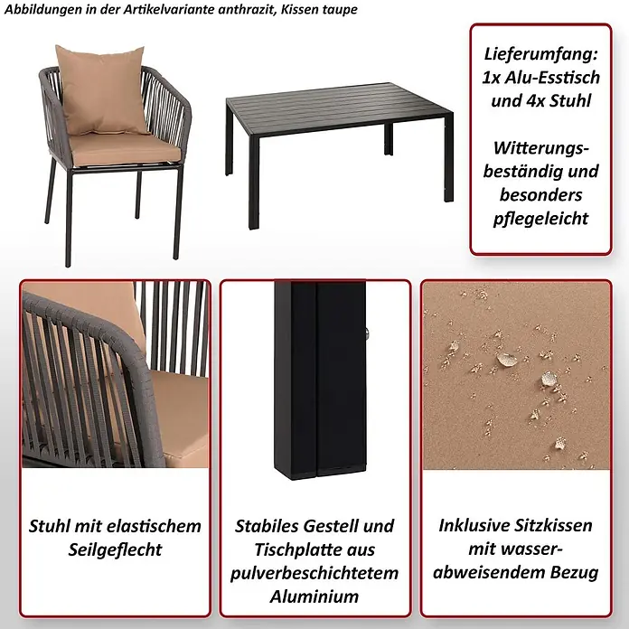 Mendler Gartenmöbel-Set HWC-N41 - 5 -tlg., Metall, Grau, taupe, Grau Kissen taupe - Anthrazitfarbenes Aluminium-Essset mit Seilgeflecht-Stuhl und taupefarbenen, wasserabweisenden Kissen.