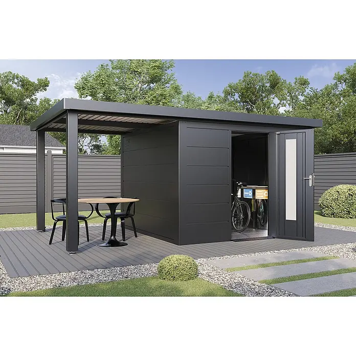 Wolff Finnhaus Gartenhaus Thorin Master Line - Außenmaß inkl. Dachüberstand (B x T): 550 x 272 cm, Metall, Anthrazit - Moderner dunkelgrauer Modulschuppen mit integrierter Pergola, bietet Sitzgelegenheiten und Stauraum für Fahrräder und Recyclingbehälter.