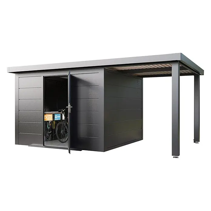 Wolff Finnhaus Gartenhaus Thorin Master Line - Außenmaß inkl. Dachüberstand (B x T): 550 x 272 cm, Metall, Anthrazit - Dunkelgrauer Fahrradschuppen aus Metall mit integriertem Abstellraum und offenem Carport. Enthält Fahrradständer und Recyclingbehälter.