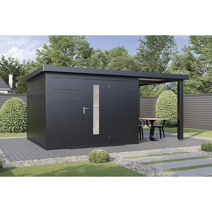 Wolff Finnhaus Gartenhaus Thorin Master Line - Außenmaß inkl. Dachüberstand (B x T): 550 x 272 cm, Metall, Anthrazit - Eleganter dunkelgrauer Gartenschuppen mit integrierter Pergola und Sitzgelegenheiten auf moderner Terrasse.