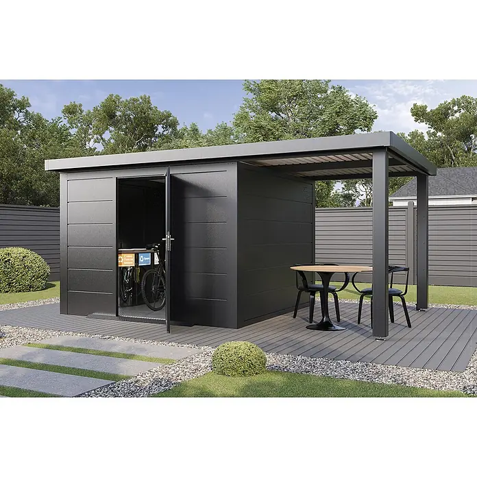 Wolff Finnhaus Gartenhaus Thorin Master Line - Außenmaß inkl. Dachüberstand (B x T): 550 x 272 cm, Metall, Anthrazit - Schwarzer Metall-Gartenschuppen mit integrierter Pergola auf Holzterrasse, zur Aufbewahrung von Fahrrädern und Wertstoffbehältern, mit geschütztem Sitzbereich.
