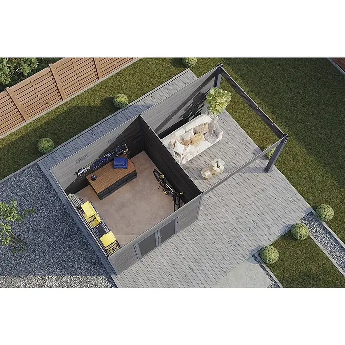 Wolff Finnhaus Gartenhaus Solaro Master Line - Außenmaß inkl. Dachüberstand (B x T): 637 x 340 cm, Verbundwerkstoff, Graubraun - Moderne modulare Gartenhütte mit dunkelgrauen Wänden und heller Holzterrasse, mit Werkstatt und Lounge-Bereich.