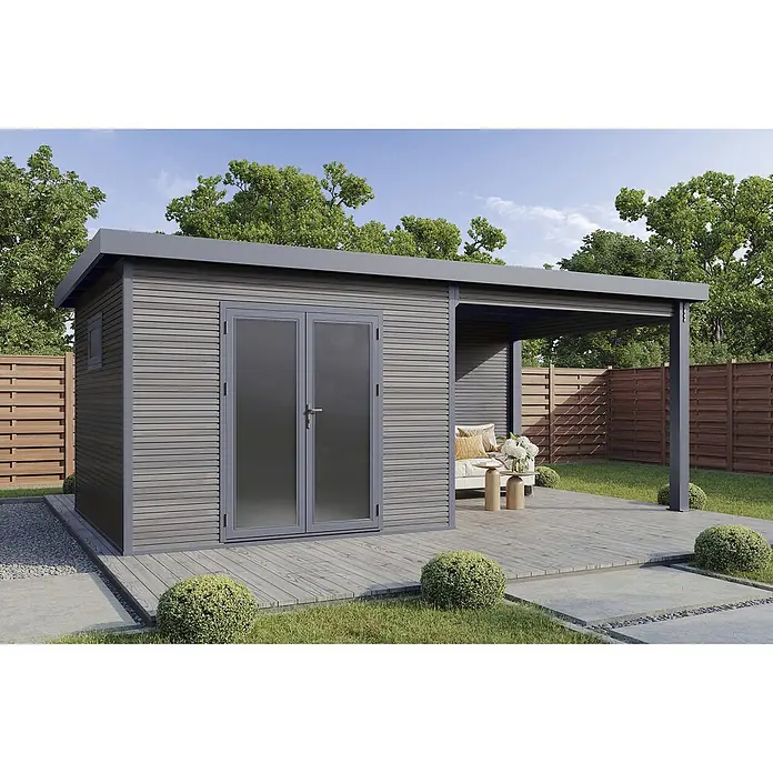 Wolff Finnhaus Gartenhaus Solaro Master Line - Außenmaß inkl. Dachüberstand (B x T): 637 x 340 cm, Verbundwerkstoff, Graubraun - Moderner grauer Gartenschuppen mit überdachter Terrasse und Sitzgelegenheiten.
