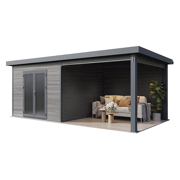 Wolff Finnhaus Gartenhaus Solaro Master Line - Außenmaß inkl. Dachüberstand (B x T): 637 x 340 cm, Verbundwerkstoff, Graubraun - Modernes graues Gartenhaus mit geschlossenem Schuppen und offenem Pergola-Loungebereich.