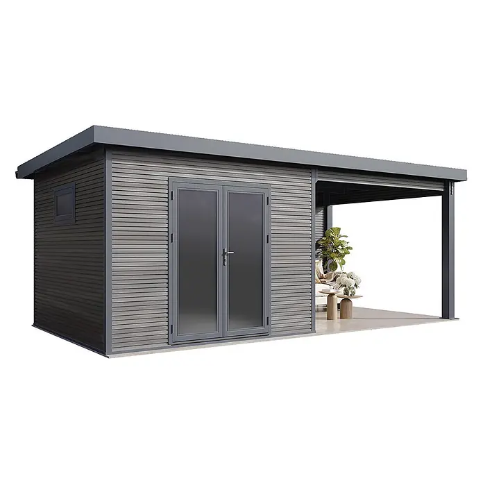 Wolff Finnhaus Gartenhaus Solaro Master Line - Außenmaß inkl. Dachüberstand (B x T): 637 x 340 cm, Verbundwerkstoff, Graubraun - Modernes graues Gartenhaus mit Holzoptik-Verkleidung und Glastüren, integriertem Vordach für Sitzbereich.