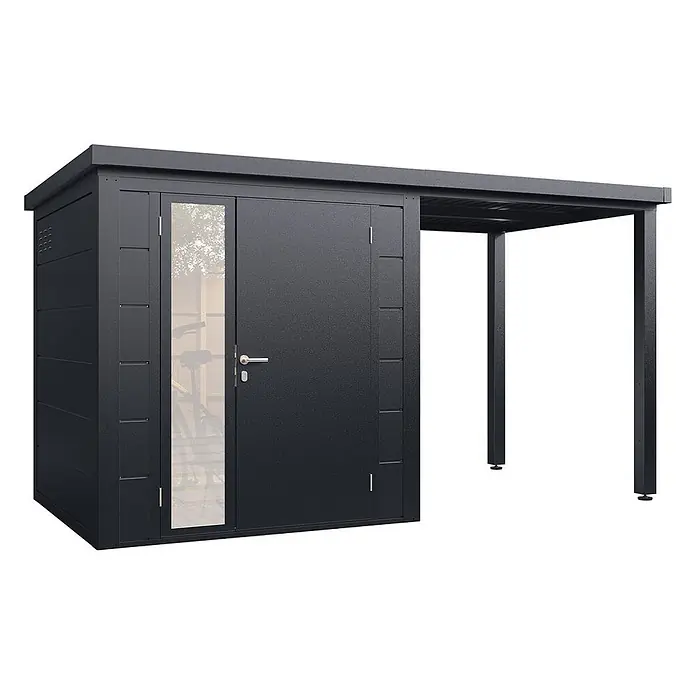 Wolff Finnhaus Gartenhaus Linnea Prime Line - Außenmaß inkl. Dachüberstand (B x T): 400 x 220 cm, Metall, Anthrazit - Dunkelgraues Metallgerätehaus mit Glastür und angebautem Vordach. Ein Fahrrad ist innen sichtbar.