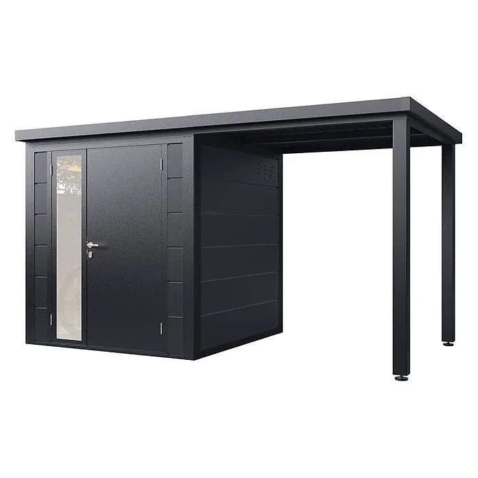 Wolff Finnhaus Gartenhaus Linnea Prime Line - Außenmaß inkl. Dachüberstand (B x T): 400 x 220 cm, Metall, Anthrazit - Dunkelgrauer Metallschuppen mit integriertem Carport.