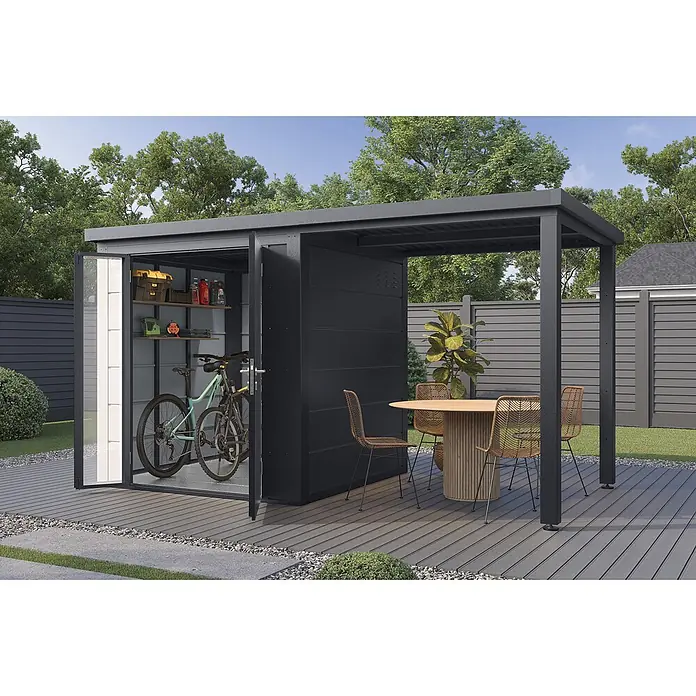 Wolff Finnhaus Gartenhaus Linnea Prime Line - Außenmaß inkl. Dachüberstand (B x T): 400 x 220 cm, Metall, Anthrazit - Dunkelgrauer Metall-Gartenschuppen mit Pergola auf Holzdeck, zur Aufbewahrung von Fahrrädern und als Essbereich.