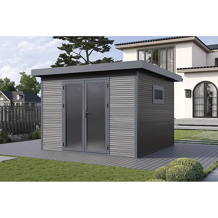 Wolff Finnhaus Gartenhaus Avela Master Line - Außenmaß inkl. Dachüberstand (B x T): 343 x 340 cm, Verbundwerkstoff, Anthrazit - Moderner Geräteschuppen mit grauer horizontaler Verkleidung, Flachdach und Glastüren auf einer Holzterrasse im Garten.