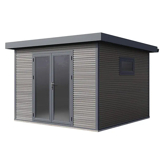 Wolff Finnhaus Gartenhaus Avela Master Line - Außenmaß inkl. Dachüberstand (B x T): 343 x 340 cm, Verbundwerkstoff, Anthrazit - Moderner dunkelgrauer Gartenpavillon mit horizontaler Verkleidung, Flachdach und Glastüren. Inklusive kleinem Seitenfenster.