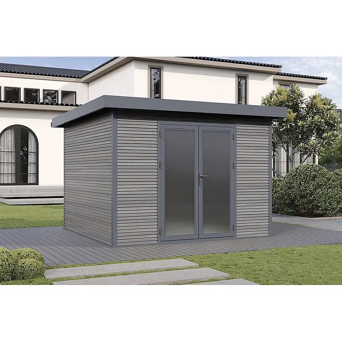 Wolff Finnhaus Gartenhaus Avela Master Line - Außenmaß inkl. Dachüberstand (B x T): 343 x 340 cm, Verbundwerkstoff, Anthrazit - Moderner grauer Gartenschuppen mit Lattenwänden und Doppeltüren auf einer passenden Terrasse.