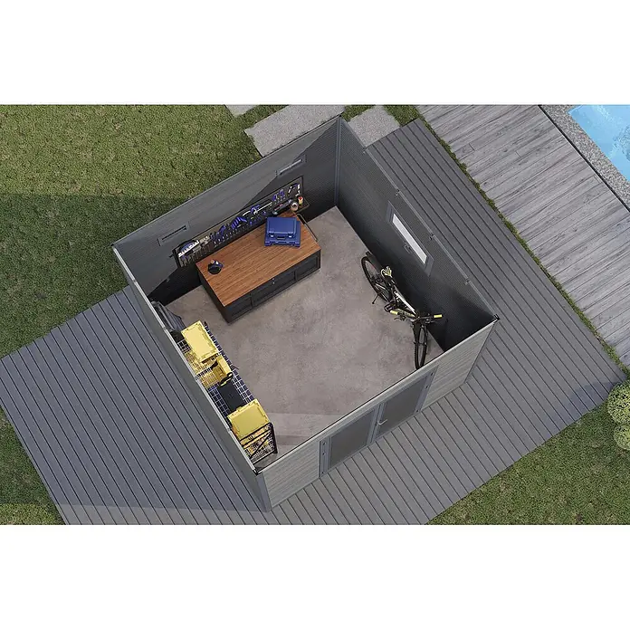 Wolff Finnhaus Gartenhaus Avela Master Line - Außenmaß inkl. Dachüberstand (B x T): 343 x 340 cm, Verbundwerkstoff, Anthrazit - Geräumiges graues Gartenhaus mit Werkbank, Werkzeugaufbewahrung und Fahrrad auf einer Außenterrasse.