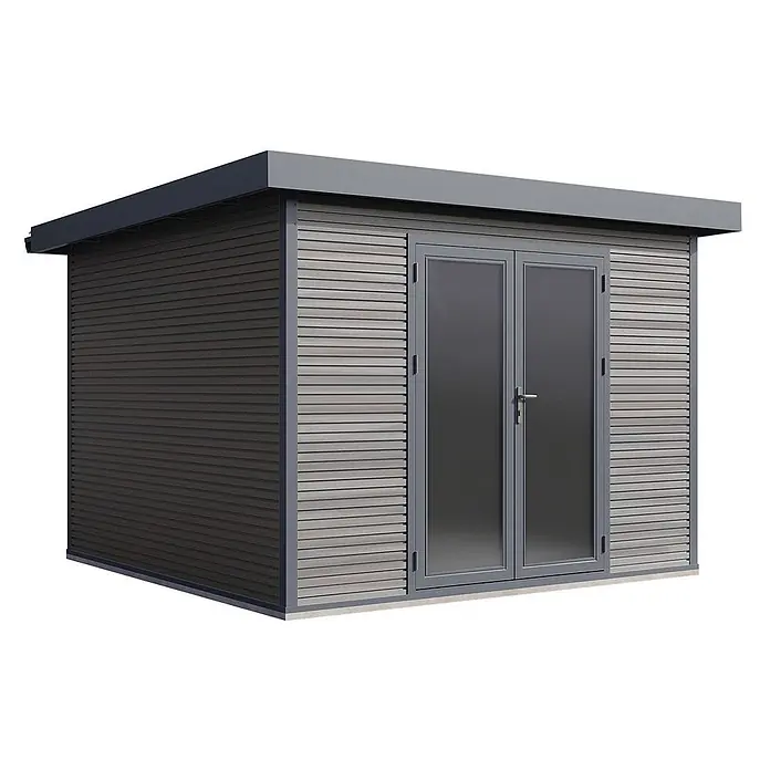 Wolff Finnhaus Gartenhaus Avela Master Line - Außenmaß inkl. Dachüberstand (B x T): 343 x 340 cm, Verbundwerkstoff, Anthrazit - Moderner Geräteschuppen mit Flachdach, Doppeltür mit Glas und zweifarbig horizontaler Lattenverkleidung.