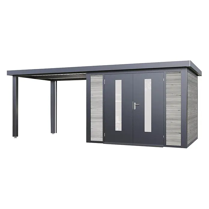 Wolff Finnhaus Gartenhaus Alvar Master Line - Außenmaß inkl. Dachüberstand (B x T): 610 x 272 cm, Holz, Grau - Dunkelgrauer Metallschuppen mit hellen Holzoptikpaneelen, Doppeltür und integriertem Carport.