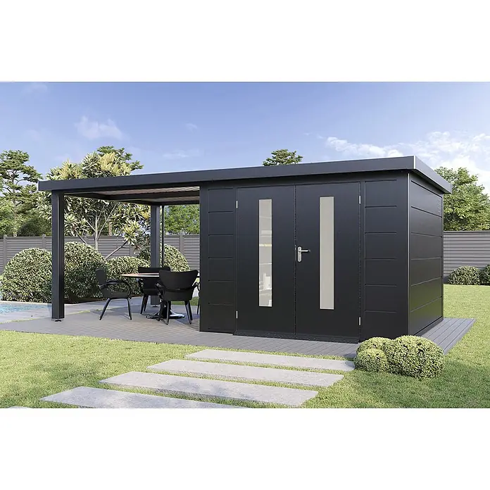 Wolff Finnhaus Gartenhaus Elvar Master Line - Außenmaß inkl. Dachüberstand (B x T): 610 x 332 cm, Metall, Anthrazit - Dunkelgraues, modernes Gartenhaus mit integrierter Pergola für Stauraum und Sitzgelegenheiten im Freien.