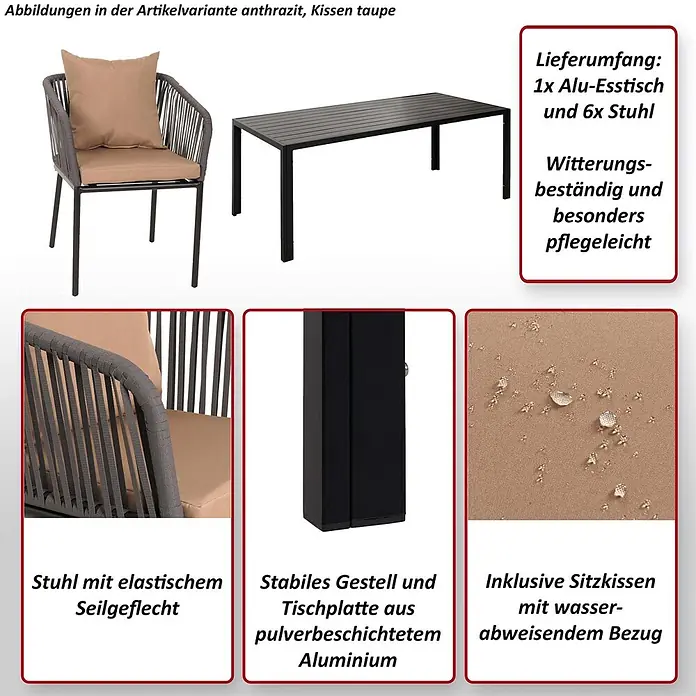 Mendler Gartenmöbel-Set HWC-N41 - 7 -tlg., Metall, Grau, dunkelgrau, Grau, Kissen dunkelgrau - Esstischgarnitur aus anthrazitfarbenem Aluminium mit rechteckigem Tisch und sechs Stühlen mit Seilgeflecht und taupefarbenen Kissen.